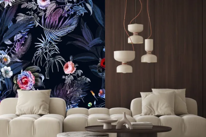 Naklejka: Tropikalne kwiaty malowane akwarelą na ciemnym tle