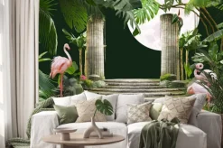 Naklejka: Tropikalne palmy flamingi schody i kolumny