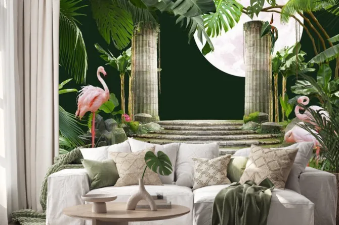 Naklejka: Tropikalne palmy flamingi schody i kolumny