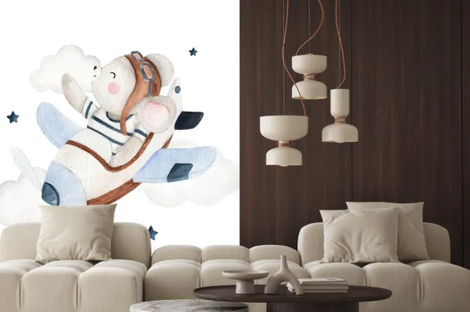 Naklejka: Urocza myszka w samolocie chmurki i gwiazdki