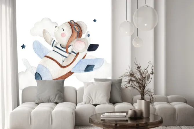 Naklejka: Urocza myszka w samolocie chmurki i gwiazdki