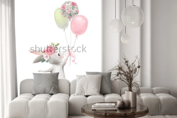 Naklejka: Uroczy króliczek z kolorowymi balonikami dla dzieci