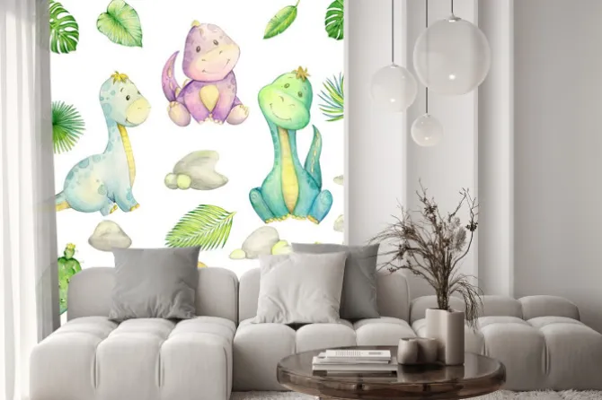 Naklejka: Watercolor, little dinosaur. isolated set