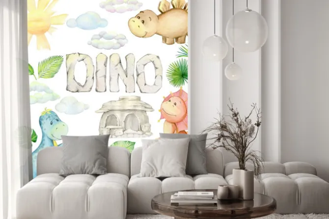 Naklejka: Watercolor, little dinosaur. isolated set