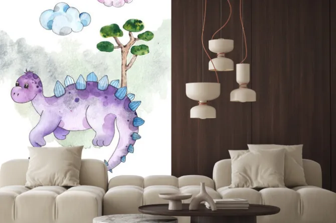 Naklejka: Watercolor and graphic dinosaurs pre-made cards with brachiosaurus,