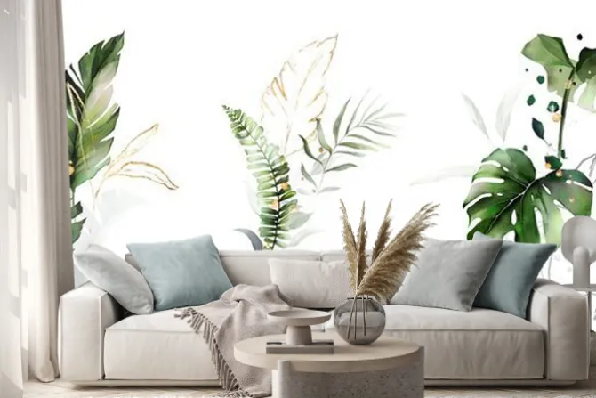 Naklejka: Watercolor and gold leaves. herbal illustration. botanic tropic