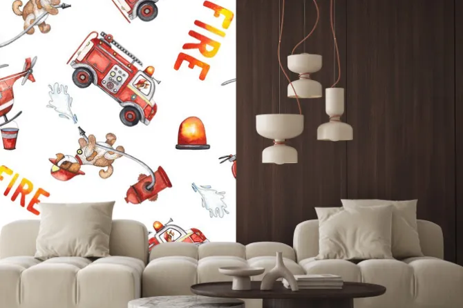 Naklejka: Watercolor cartoon cute seamless pattern firefighting and fire