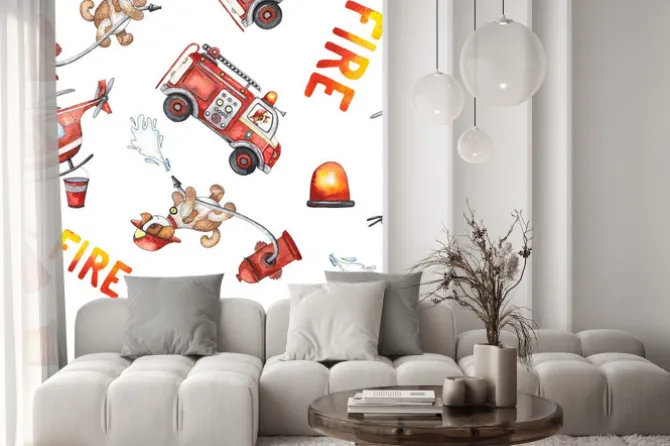 Naklejka: Watercolor cartoon cute seamless pattern firefighting and fire