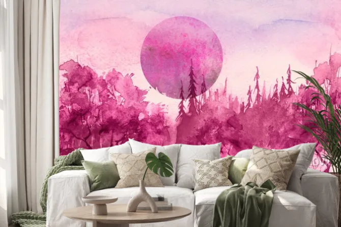 Naklejka: Watercolor drawing, illustration. forest landscape, fir, pine,