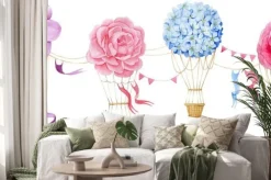 Naklejka: Watercolor drawing set of balloons with flowers, border, print.