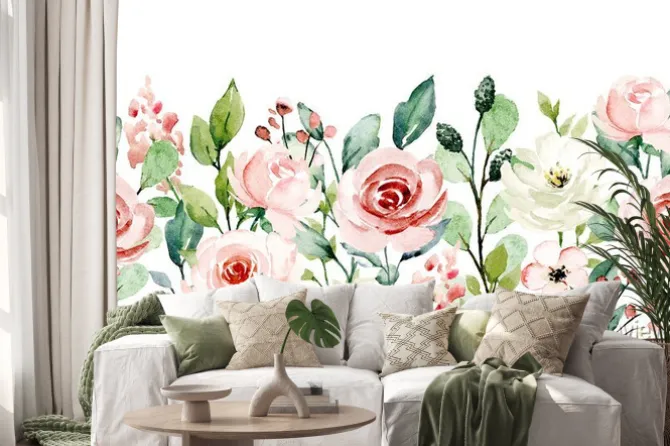 Naklejka: Watercolor flowers, pink, white roses. floral summer repeat border