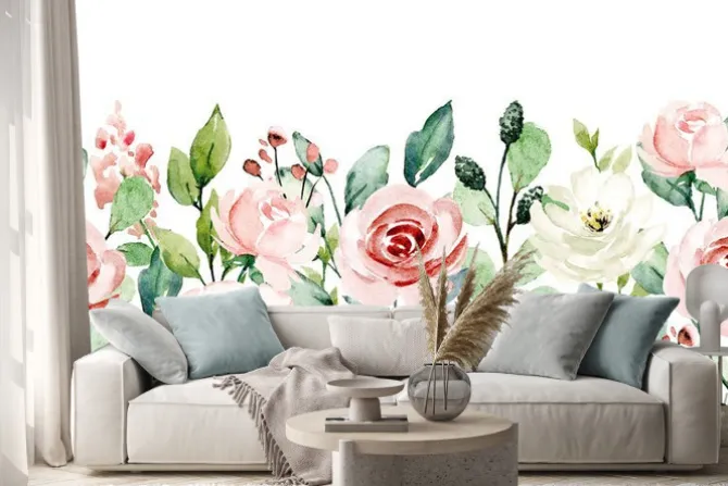 Naklejka: Watercolor flowers, pink, white roses. floral summer repeat border