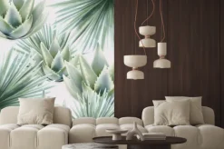 Naklejka: Watercolor green palm and cactus leaves. background vector