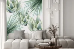 Naklejka: Watercolor green palm and cactus leaves. background vector