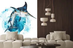 Naklejka: Watercolor hand-drawn marlin illustration - jumping up from the