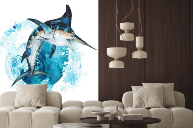 Naklejka: Watercolor hand-drawn marlin illustration - jumping up from the