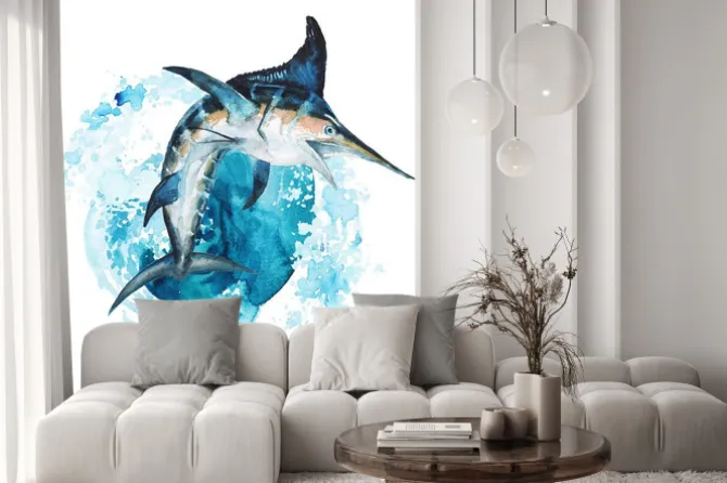 Naklejka: Watercolor hand-drawn marlin illustration - jumping up from the
