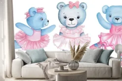 Naklejka: Watercolor illustration of three dancing teddy bears in pink