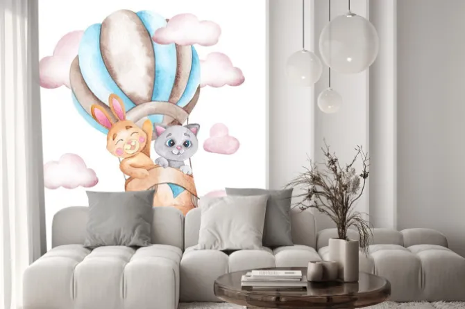 Naklejka: Watercolor illustration with cute rabbir and cat, air balloon