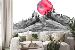 Naklejka: Watercolor logo, postcard, background black silhouette of the