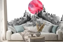 Naklejka: Watercolor logo, postcard, background black silhouette of the