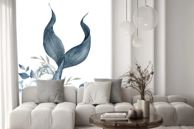 Naklejka: Watercolor marine illustration with mermaid tail with pretty