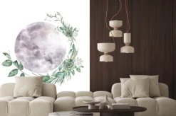 Naklejka: Watercolor moon and floral wreath. natural illustration for logo,