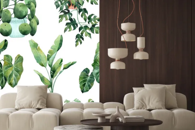 Naklejka: Watercolor seamless pattern with tropical leaves and houseplants