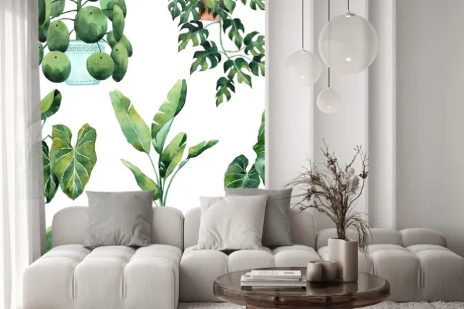 Naklejka: Watercolor seamless pattern with tropical leaves and houseplants