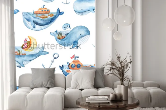 Naklejka: Watercolor seamless pattern with sea life. wallpaper, textile