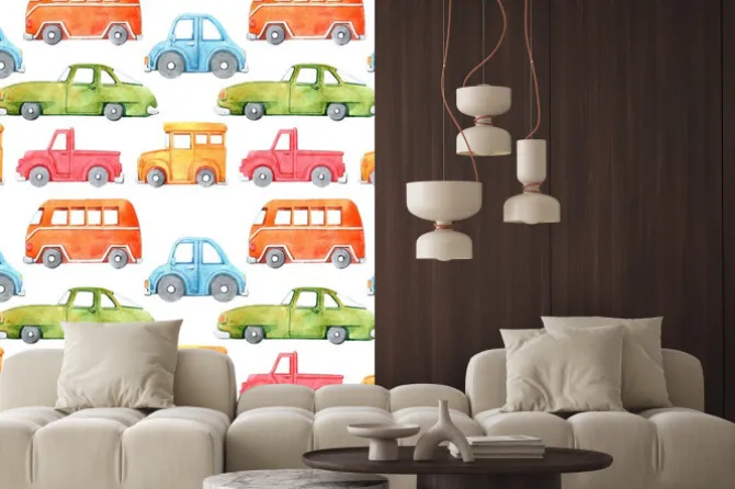Naklejka: Watercolor seamless pattern with cartoon car. funny cartoon image.