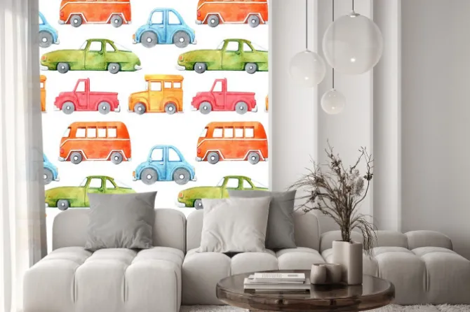 Naklejka: Watercolor seamless pattern with cartoon car. funny cartoon image.