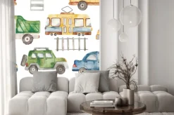 Naklejka: Watercolor seamless pattern with urban cartoon cute transport.