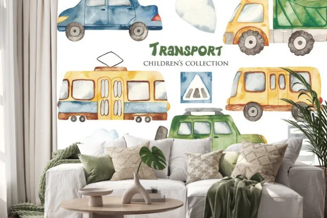 Naklejka: Watercolor set with a cute cartoon kids transport for a boy.