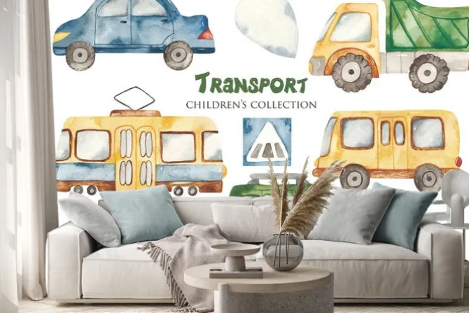 Naklejka: Watercolor set with a cute cartoon kids transport for a boy.