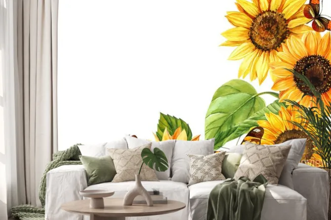 Naklejka: Watercolor sunflowers and butterflies, hand drawn floral illustration
