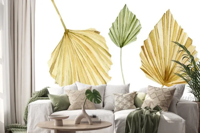 Naklejka: Watercolor tropical floral set. glomour golden color leaves in