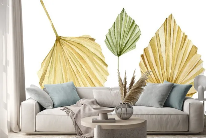 Naklejka: Watercolor tropical floral set. glomour golden color leaves in