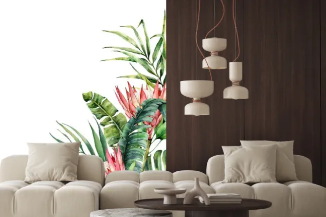 Naklejka: Watercolor tropical flowers and palm leaves card. hand painted