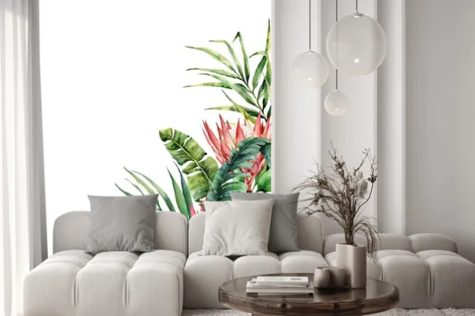 Naklejka: Watercolor tropical flowers and palm leaves card. hand painted