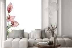 Naklejka: Watercolor tropic card with anthurium and palm leaves. hand painted