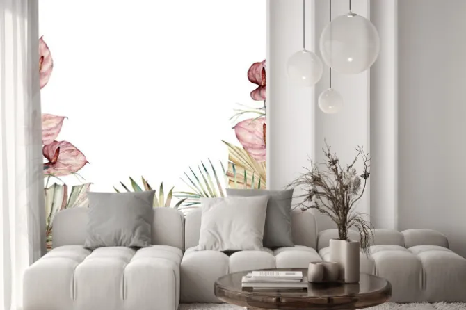 Naklejka: Watercolor tropic border with anthurium and palm leaves. hand