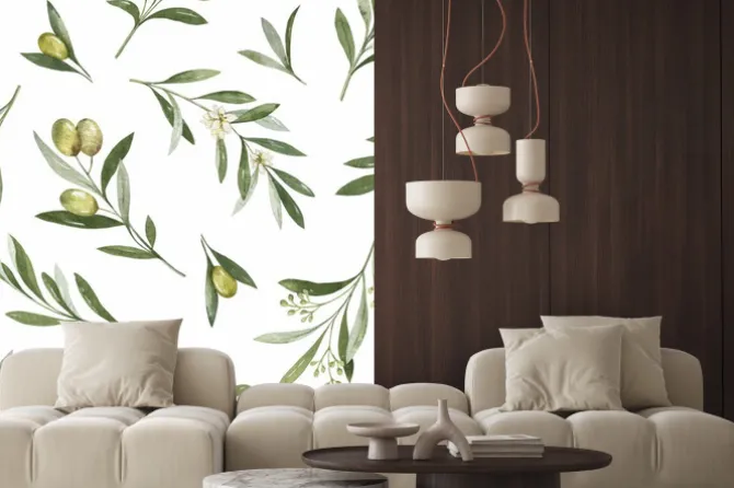 Naklejka: Watercolor vector seamless pattern of olive branches and leaves.