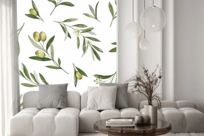 Naklejka: Watercolor vector seamless pattern of olive branches and leaves.