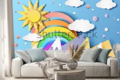 Naklejka: Wektorowa ilustracja piękny krajobraz z słońcem, tęczą, chmurami