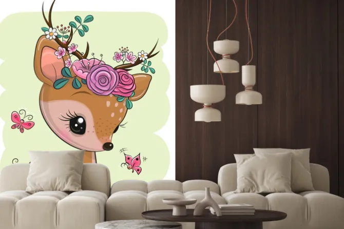 Naklejka: Woodland deer with flowers and butterflies on a green background