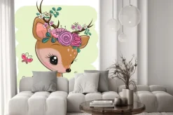 Naklejka: Woodland deer with flowers and butterflies on a green background