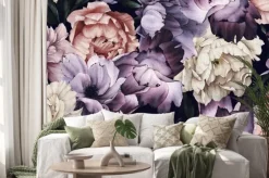 Naklejka: Wzór z kwiatami piwonii na ciemnym tle malowany akwarelą