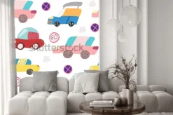 Naklejka: Wzór z ręcznie rysowane samochodu na drodze. skandynawski styl