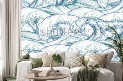 Naklejka: Wzór z ręcznie rysowane fale morskie w stylu szkicu. wektorowy